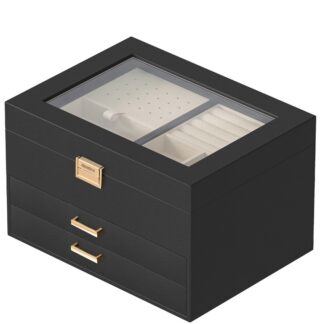 Jewelry Box with Glass Lid, 4 Layers Jewelry Organizer Box, Jewelry Holder Organizer, Jewelry Case for Earring, Ring, Necklace, Bracelets, Gift for Loved Ones, Black