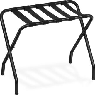 luggage rack, metal foldable suitcase stand for guest room, holds up to 100 lb, 27 x 15.3 x 22 inches, steel frame, nylon straps, hotel, bedroom, closet, black