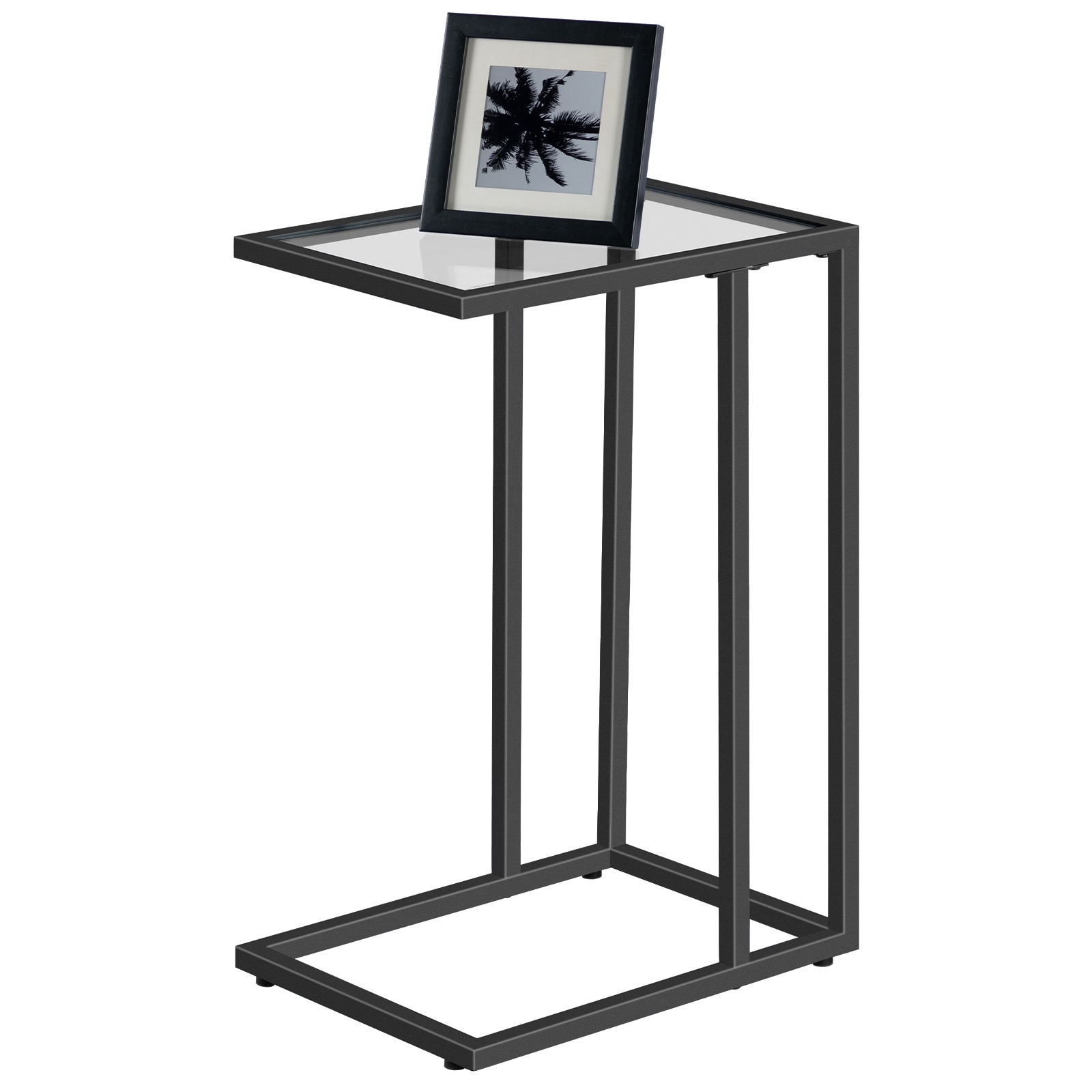 Schwarzer C-förmiger Beistelltisch aus gehärtetem Glas, Snacktisch mit Metallrahmen im modernen Stil, Platzsparendes TV-Tablett für kleine Flächen, Sofa, Couch und Bett