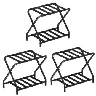 Luggage Rack, Pack of 3, Luggage Racks for Guest Room, Suitcase Stand, 27 x 15.3 x 22 Inches, Metal Foldable Luggage Holder with Nylon Straps, Space Saving, Bedroom, Hotel, Black