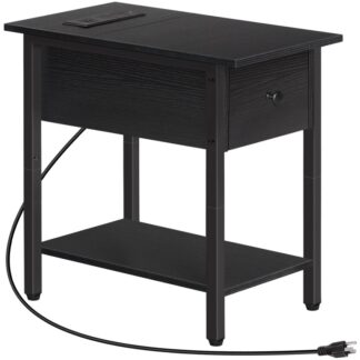 Side Table with Charging Station, Narrow End Table, Bedside Table, Sofa Side Table with Drawer, 2-Tier Coffee Table, Space Saving, for Living Room, Bedroom, Study, Black
