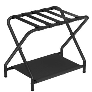 luggage rack, folding suitcase stand with fabric storage shelf for guest room, bedroom, hotel, holds up to 100 lb, 27 x 15.3 x 22 inches, space saving, black
