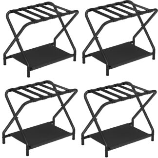 luggage racks set of 4, folding suitcase stand for guest room, bedroom, hotel, metal luggage holder with fabric storage shelf, 27 x 15.3 x 22 inches, space saving, black