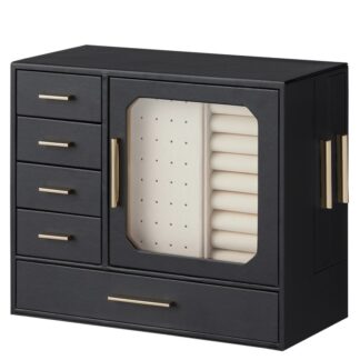 صندوق المجوهرات مع نافذة زجاجية, صندوق منظم مجوهرات ذو سعة كبيرة, صندوق تخزين المجوهرات, 5 منظم حامل المجوهرات ذو الطبقة, الطراز الحديث, هدية عيد الميلاد, الذهب الأسود والخفيف