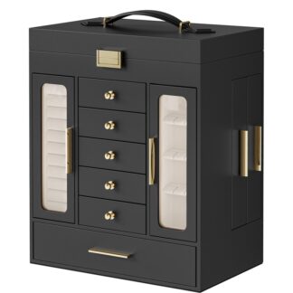 Boîte à bijoux, Boîte de rangement de bijoux, Couvercle supérieur avec miroir, Tiroirs amovibles, 10.2" L x 6,5" W x 12,6" H, Cadeau de Noël, pour vous-même ou vos proches, Noir