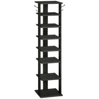 Вертикальная полка для обуви, 8 Ярусный органайзер для хранения обуви с крючками, Узкая полка для обуви 8 Пары, Экономия места, Стабильный и сильный, для прихожей, Гостиная, Спальня, Черный