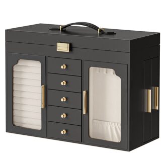 Boîte à bijoux avec miroir, Boîte de rangement de bijoux de grande capacité, Boîte de rangement de bijoux, Fenêtre en verre, Tiroirs amovibles, Mother's Day Gift, pour vous-même ou vos proches, Noir