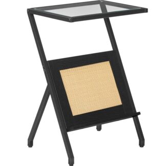 Rattan Side Table, Z Shaped End Table with Magazine Rack, Mid Century Bedside Table with Tempered Glass Top for Sofa Couch, Living Room, Bedroom and Small Spaces, Black