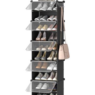 Організатор взуття, 5 шафа для зберігання куба з дверима, тримати 20 пари взуття, 10 Взуттєва стійка рівня, сталевий каркас, пластикова панель, легко зібрати для входу, шафа, коридор, чорний