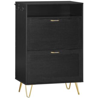 Обувной шкаф, Шкаф для хранения обуви в прихожей, с 2 Откидные ящики, Шкаф для обуви со скрытым опрокидывающимся ведром, Шкаф-органайзер для обуви, с открытыми полками и крючками для одежды, Черный