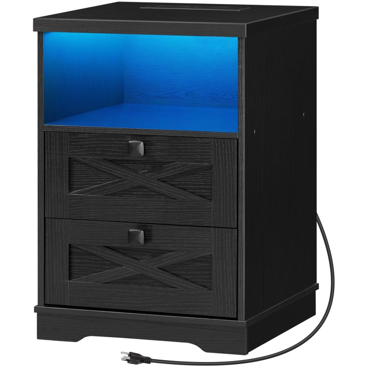 Nightstand with Wireless Charging Station and LED Lights, Farmhouse End Table with 2 Drawers and Open Shelf, Smart LED Side Table with Wireless and USB for Bedroom, Black