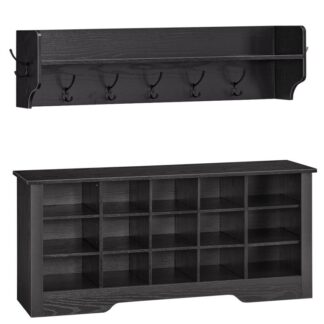 frakke rack sko bænk sæt, hall træ med sko bænk, 39.4 inches entryway bænk med frakke stativ, skoopbevaringsskab med 15 Cubbies, mudroom bænk med justerbare hylder, sort