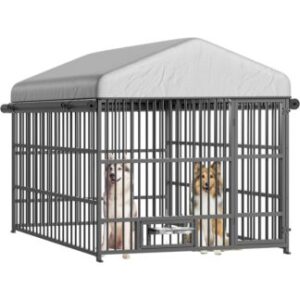 Outdoor Dog Kennel, Large Metal Dog Kennel Outside with Roof and Rotating Feeding Bowls, Heavy-Duty Cage Enclosure with Waterproof Cover, Dog Playpen Fence