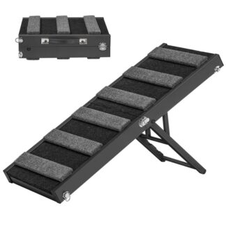 منحدر الكلب, منحدر الحيوانات الأليفة المحمولة القابلة للطي للكلاب الصغيرة, قابل للتعديل من 9.5" to 21.3"- ما يصل إلى 100 رطل, مع سطح السجاد غير القابل للانزلاق, منحدر سيارة الكلب لسرير مرتفع, أريكة, سيارات الدفع الرباعي, أسود ورمادي