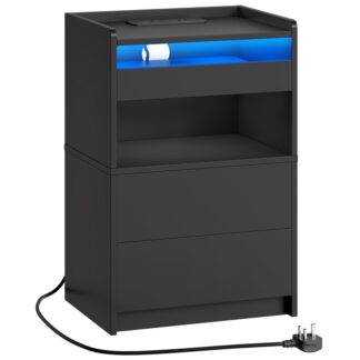 Černý noční stůl s nabíjecí stanicí, Koncová tabulka s 20barevnými LED světly, Noční stolek s 1 AC Outlet, 2 USB porty, 3 Zásuvky pro ložnici, Obývací pokoj, Studie, Home Office