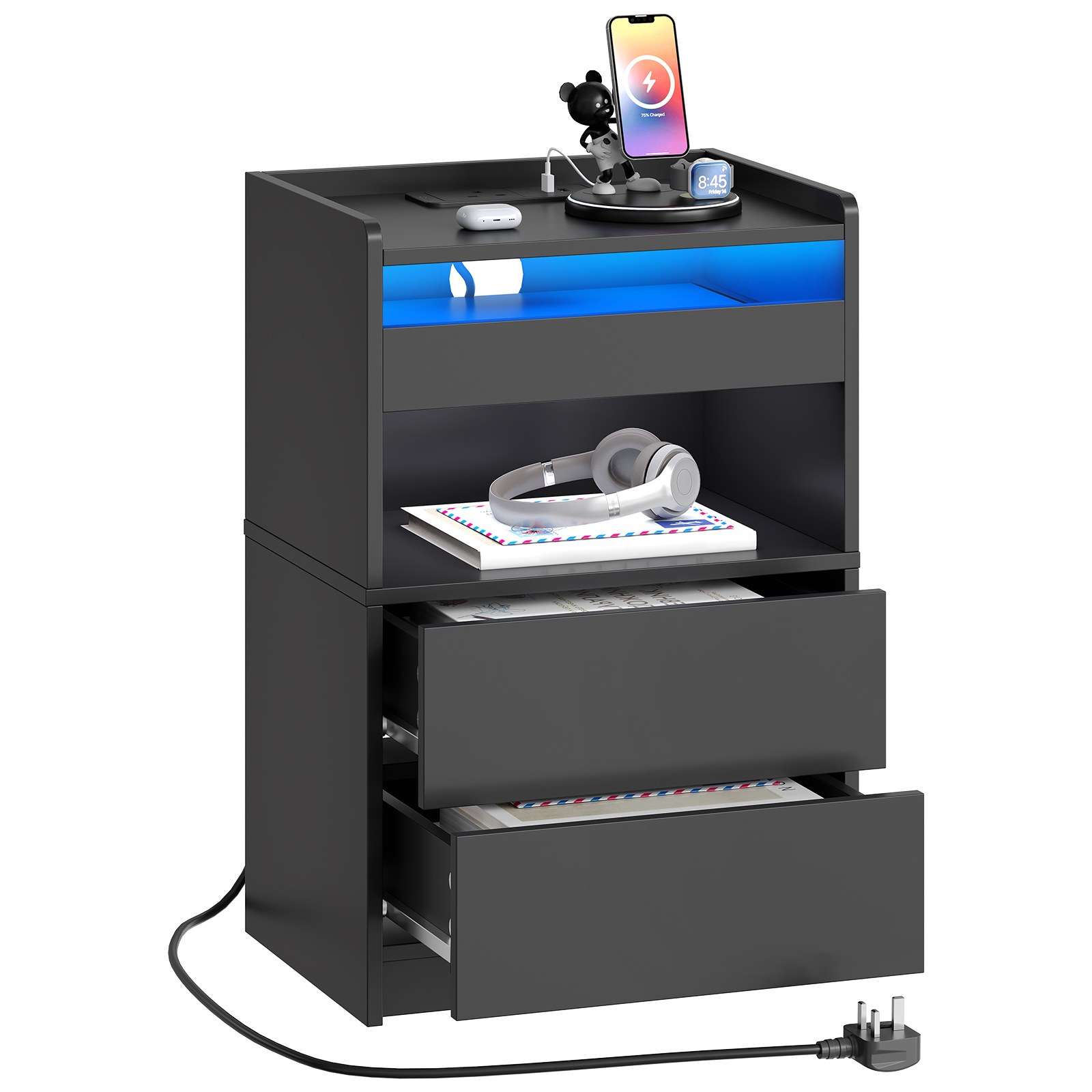 طاولة السرير الأسود مع محطة الشحن, طاولة نهاية مع 20 لونا مصابيح LED, منضدة مع 1 منفذ AC, 2 منافذ يو اس بي, 3 أدراج غرفة النوم, غرفة الجلوس, يذاكر, مكتب البيت