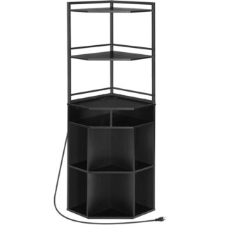 Corner Cabinet with USB Ports and Outlets, Corner Storage Cabinet with Charging Station, Corner Cube Bookshelf, Wooden Display Bookshelf for Small Space, Living Room, Black