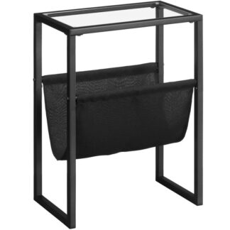 slim black side table, tempered glass end table with fabric magazine sling, small coffee accent table, bedside table for small space, bedroom, living room, modern style, black