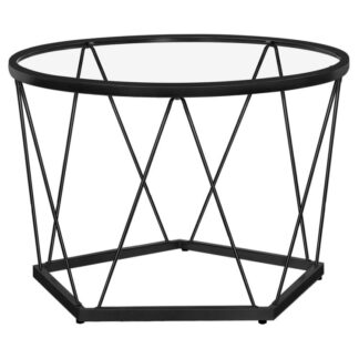 Konferenčný stolík, Čierny sklenený konferenčný stolík do obývačky, 27.6" Okrúhly konferenčný stolík, 1 Tabuľka stredu vrstiev, Kovový rám, Šesťhranný dizajn, pre Malý priestor, Prijímacia miestnosť, Apartmán, Čierna