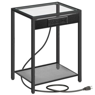 2-طاولة جانبية المستوى مع محطة الشحن, الجدول النهائي مع منافذ USB, منضدة للمساحات الضيقة, زجاج صلب, الإطار المعدني الحديث, للمكتب, غرفة نوم, غرفة المعيشة, أسود