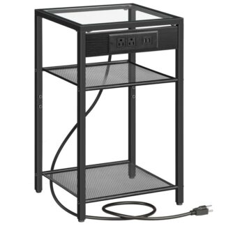 طاولة لهجة قمة زجاجية مع محطة الشحن, 3-طبقة ضئيلة منضدة مع أرفف التخزين, الجدول النهائي مع منافذ USB & منافذ الطاقة, زجاج صلب, أسلوب حديث, لغرفة المعيشة, غرفة نوم, أسود