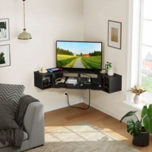 Floating Corner TV Stand with Power Outlet, Black Rotatable Entertainment Center, Wall Mounted Entertainment Center with Storage for Living Room, Under TV Shelf