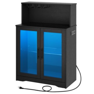 Шкафы для винных баров с хранением, светодиодный шкаф для ликеров с розетками питания, Кофейный бар шкаф для спиртных напитков и очков, Стеклянные двери шкафа, для бара, столовая, кухня, черный