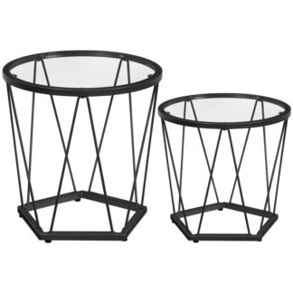 طقم طاولة قهوة صغيرة 2, طاولة جانبية مستديرة للقهوة بإطار معدني, أعلى الزجاج, طاولة جانبية سوداء لغرفة المعيشة, غرفة نوم وشرفة, الطراز الحديث, أسود