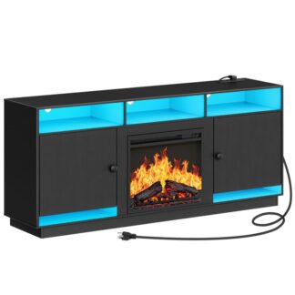 حامل تلفزيون بمدفأة كهربائية مع مصابيح LED ومنافذ طاقة, وحدة التحكم التلفزيونية السوداء ل 32" 43" 50" 55" 65", مركز ترفيهي به مساحة تخزين وأرفف زجاجية قابلة للتعديل, أسود