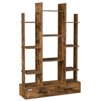 Книжные шкафы и книжные полки, 4-Ярусный книжный шкаф с 12 Полки и 2 Ящики, Деревянные книжные полки, Промышленная книжная полка, Современные высокие книжные шкафы для гостиной, Домашний офис, Рустик Браун