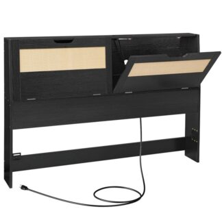 Королевские изголовки с хранением, Изголовья только для двуспальной кровати с розетками, Деревянная регулируемая высота с полками для хранения для спальни, Легкая сборка, Черный и свет