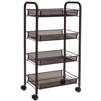Rollwagen, 4-Tier -Mesh -Draht -Lagerverbindungswagen, Multifunktionswagen mit 4 Verstellbare Körbe und abschließbare Räder, leicht zusammenzubauen, für zu Hause, Küche, Büro, braun