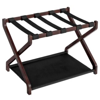 Solid Wood Luggage Rack, Folding Luggage Rack, Bamboo Suitcase Stand, with Nylon Straps and Oxford Shelf, for Guest Room, Hotel, Bedroom, Brown and Black