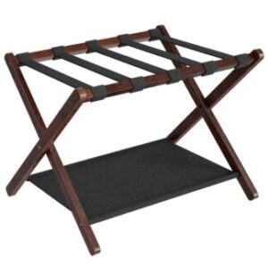 Luggage Rack, Bamboo Suitcase Stand, Brown and Black Folding Luggage Holder, with Nylon Straps and Oxford Fabric Shelf, for Guest Room, Hotel, Bedroom