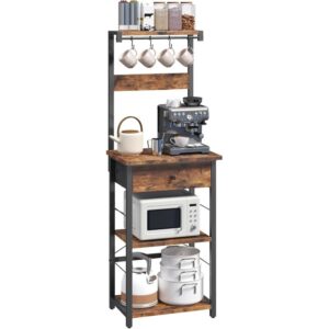 Range Rack, Kitchen Baker Rack with Drawer, Microwave Stand, Storage Rack, Range Board with 4 S Kancalar, Perfect for Kitchen, Oturma odası, Yemek odası, Kahverengi
