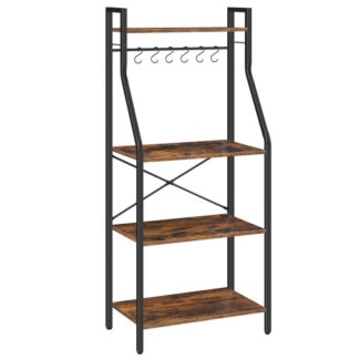 bakers rack, 4 tier microwave stand, coffee bar station with 6 hooks, x-shaped back support, for kitchen, dining room, living room, rustic brown