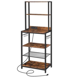 bakers rack with power outlet, 6-tier microwave stand, kitchen storage rack with 8 s-hooks, coffee bar table with wire basket, for kitchen, living room, rustic brown
