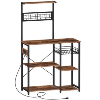 bakers rack with power outlet, microwave stand, industrial coffee bar with wire basket, kitchen storage rack with 6 s-shaped hooks, for spices, pots and pans, rustic brown