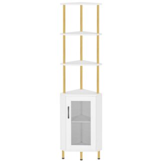 Угловая полка-подставка, 64.8" Высокий промышленный угловой шкаф с дверцами, 5-Угловой книжный шкаф яруса, Угловая витрина для растений, Стойка для витрины для гостиной, Белый и Золотой