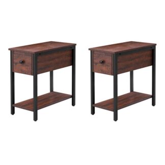 set of 2 slim side tables with drawer, narrow end table for small spaces, stable and sturdy construction, wood look furniture with metal frame, walnut color