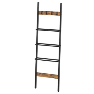 Blanket Ladder, 5-Tier Towel Rack with 4 Removable Hooks, Wall-Leaning Blanket Holder, Decorative Display Ladder Shelf, Industrial, for Living Room, Rustic Brown and Black