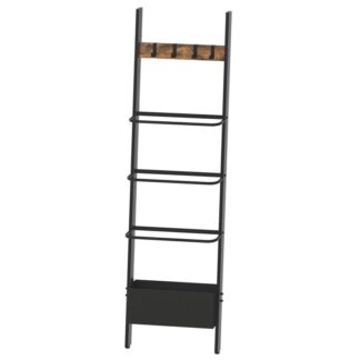 blanket ladder, 5-tier towel ladder with hooks and basket, wall-leaning blanket holder, display towel rack shelf, for living room, rustic brown and black