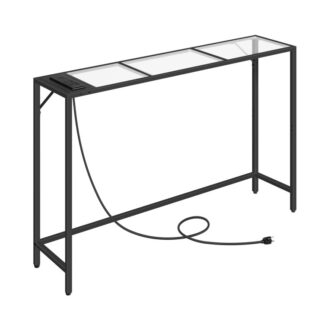 Konzolasztal -aljzatokkal, edzett üveg kanapéasztal, Modern nyitott folyosóasztal, keskeny konzolasztal, kanapéasztal, Egyszerű stílus, bejárati asztal a nappalihoz, előcsarnok, fekete