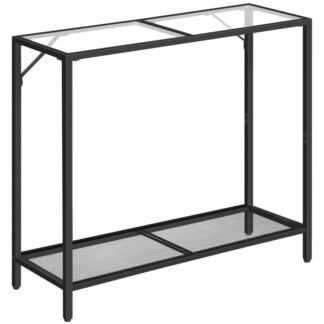Glass Console Table, 2-Tier Console Table, Narrow Entryway Table with Mesh Shelf, Modern Tempered Glass Behind Couch Table, Metal Frame, for Living Room, Bedroom, Black