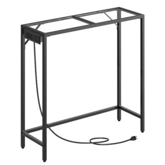 طاولة كونسول مع محطة شحن, 27" ضيق خلف طاولة الأريكة, طاولة مدخل من الزجاج المقسى بإطار معدني, أقدام قابلة للتعديل, الطراز الحديث, للمدخل, غرفة الجلوس, أسود