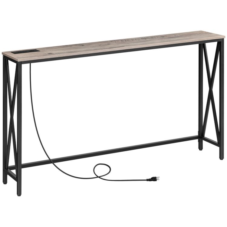 Narrow Sofa Table, Farmhouse Sofa Couch Table with Charging Station, Sturdy and Durable, for Entryway, Living Room, Foyer, Greige