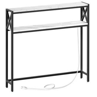 Schmaler Sofa -Tisch mit Ladestation, 39.4" L x 5,9" W x 39,4" H, hinter dem Couchtisch, Skinny -Konsolentisch mit Outlet, Eingangstisch für Wohnzimmer, Marmor und Schwarz