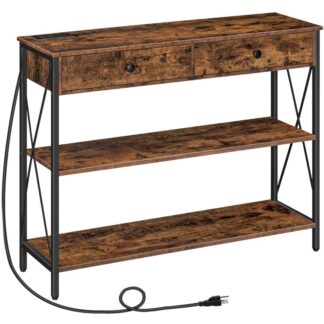 Tabela de console com pontos de venda e portas USB, 39.4" mesa de sofá industrial com 2 gavetas, Mesa de entrada estreita longa com prateleiras de armazenamento, Mesa de sofá de sofá para sala de estar, marrom rústico