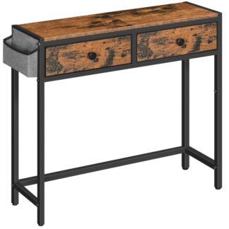 mesa console, mesa de sofá estreita para entrada, Tabela de sofá com 2 gavetas não tecidas e bolsa lateral, para corredor, quarto, sala de estar, marrom rústico e preto