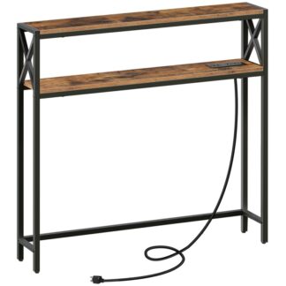 2-Tier-Konsolentisch, 100 cm Eingangstisch mit Steckdosen und USB-Anschlüssen, Langer Couchtisch, Flurtisch mit Ablage, für Foyer, Wohnzimmer, Flur, Rustikalbraun und schwarz